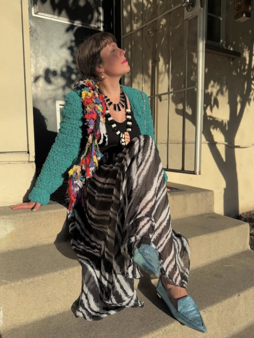 Vintage 80s Teal Multicolor Stretch Knit Unique Artsy Cardigan Sweater S/M - Picture 3 of 10